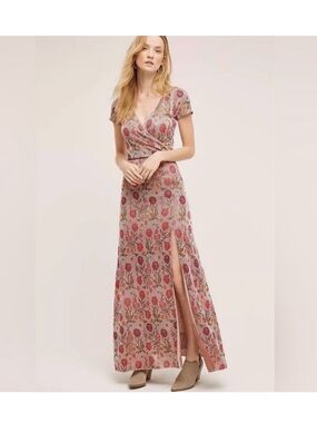 Cecilia Prado Posy Floral Metallic Faux Wrap Maxi Dress with side slit SZ S
